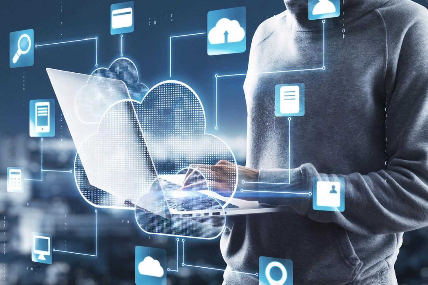 Professional working on a laptop with cloud and data icons showing UAE cloud infrastructure