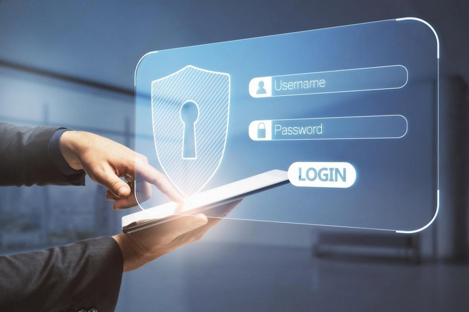 Digital security interface with shield icon representing protected hard drives and USB storage